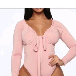 Fashion Nova Pink Ruffle Long Sleeve Bodysuit